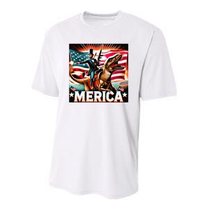 Abraham Lincoln Riding T Rex Merica Firing A Rifle Youth Performance Sprint T-Shirt