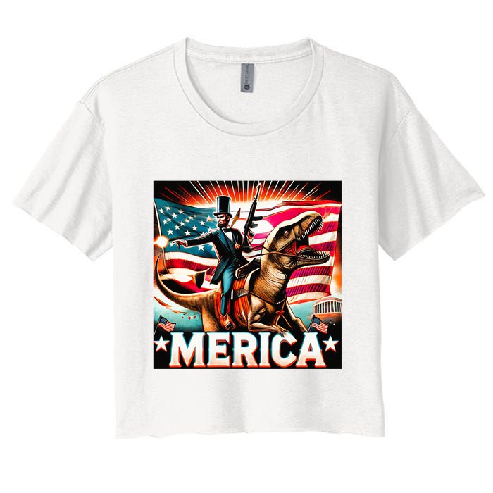 Abraham Lincoln Riding T Rex Merica Firing A Rifle Women's Crop Top Tee