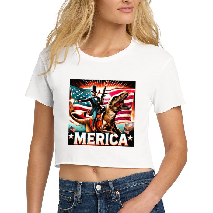 Abraham Lincoln Riding T Rex Merica Firing A Rifle Women's Crop Top Tee