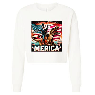 Abraham Lincoln Riding T Rex Merica Firing A Rifle Cropped Pullover Crew