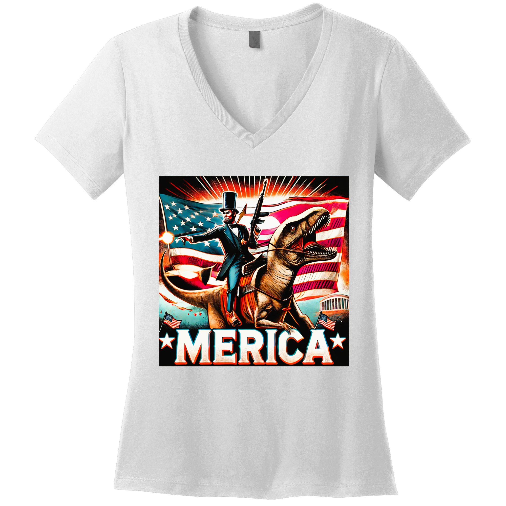 Abraham Lincoln Riding T Rex Merica Firing A Rifle Women's V-Neck T-Shirt