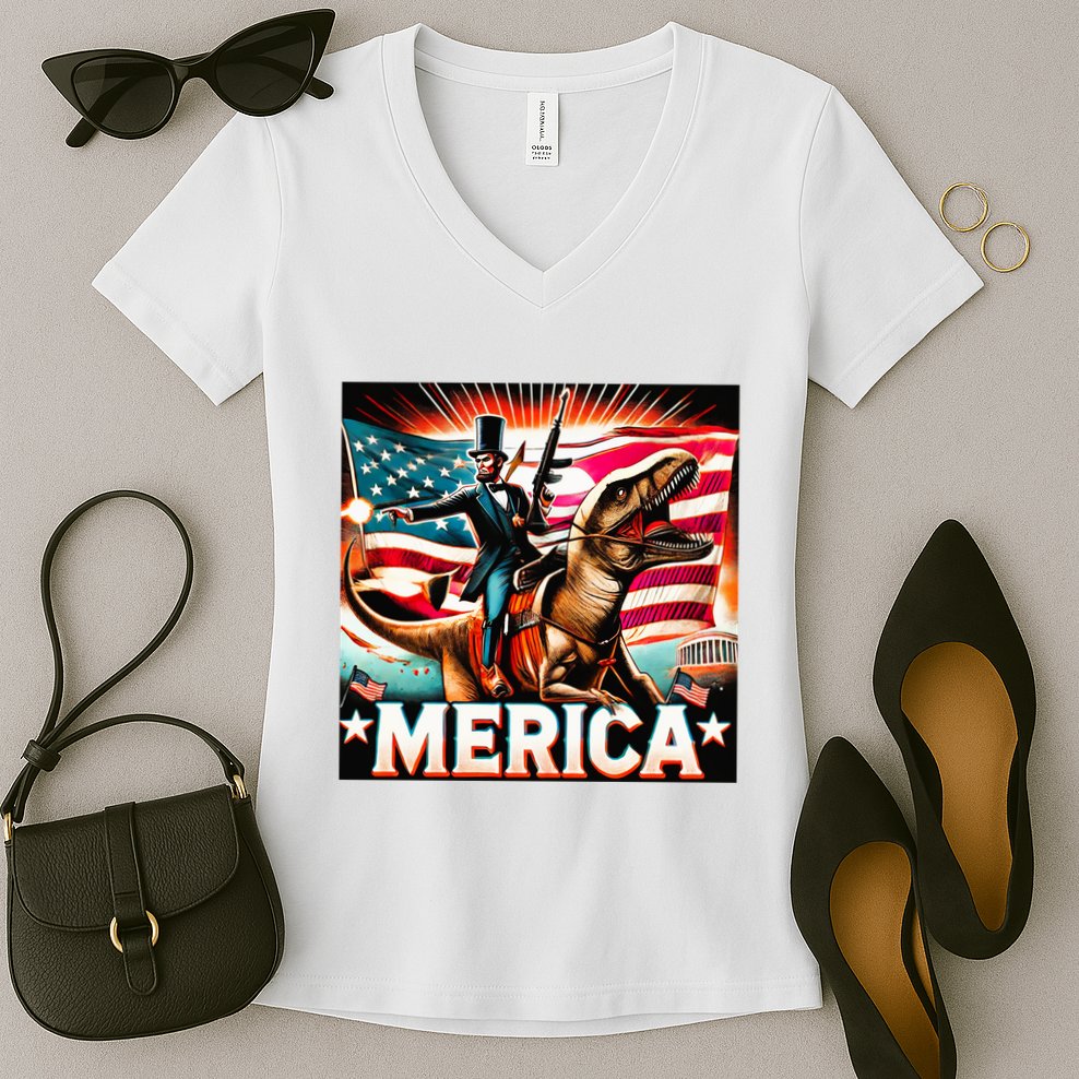 Abraham Lincoln Riding T Rex Merica Firing A Rifle Women's V-Neck T-Shirt