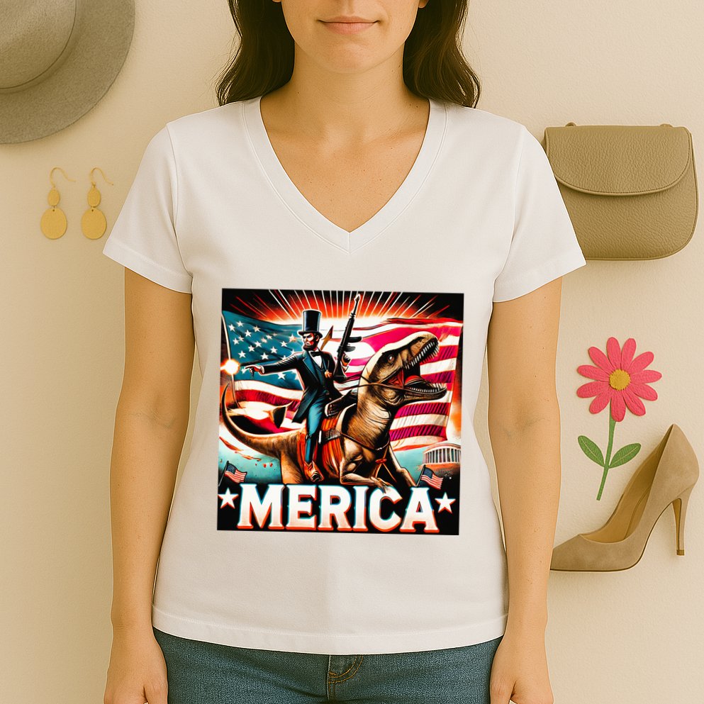 Abraham Lincoln Riding T Rex Merica Firing A Rifle Women's V-Neck T-Shirt