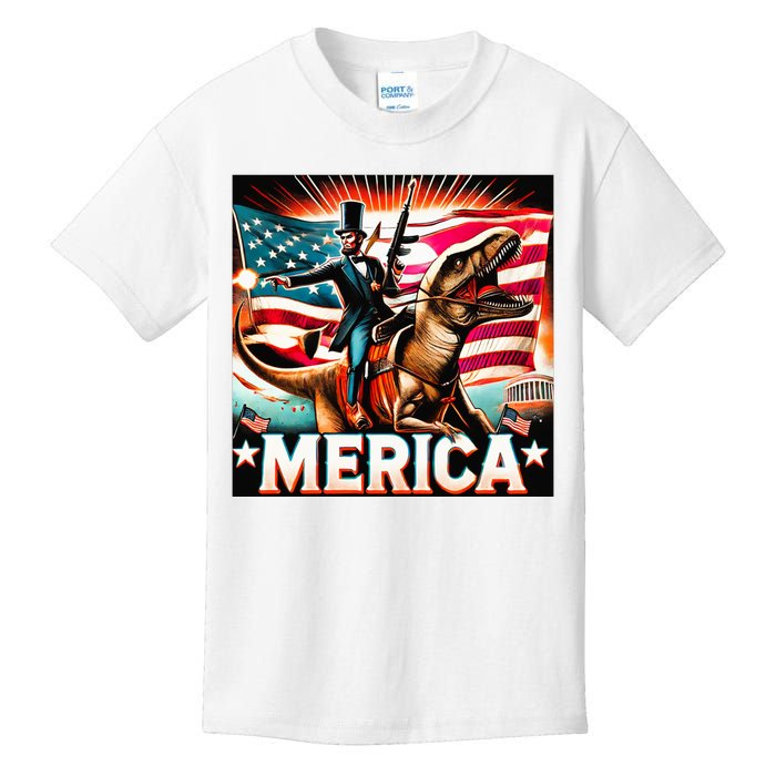 Abraham Lincoln Riding T Rex Merica Firing A Rifle Kids T-Shirt