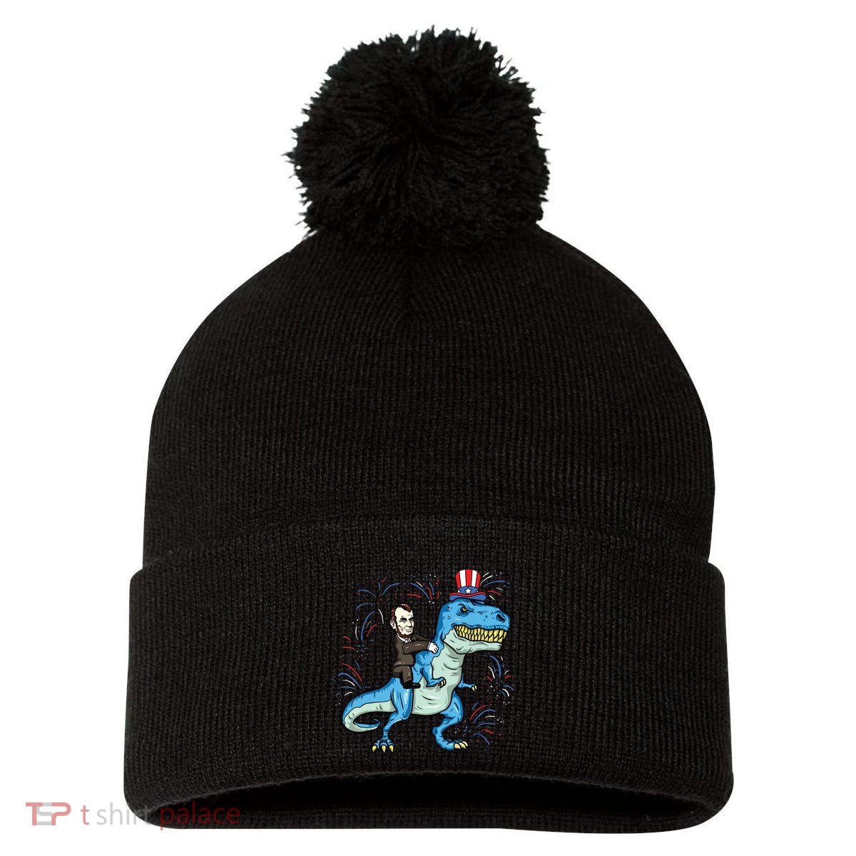 Abe Lincoln Riding A Dinosaur Trex 4th Of July Pom Pom 12in Knit Beanie