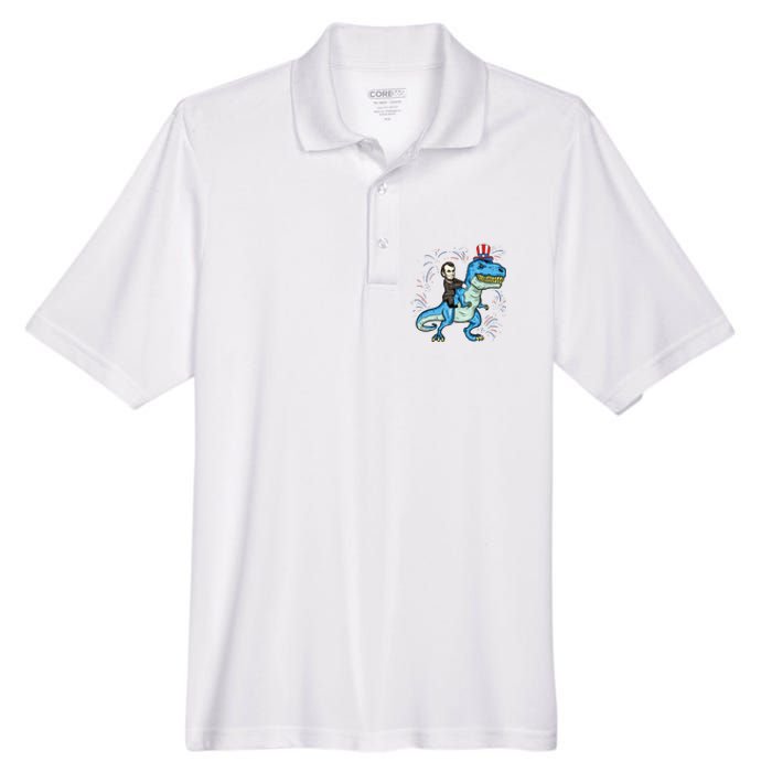 Abe Lincoln Riding A Dinosaur Trex 4th Of July Men's Origin Performance Pique Polo