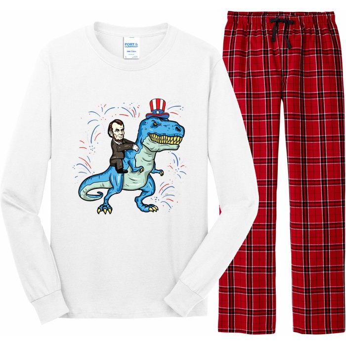 Abe Lincoln Riding A Dinosaur Trex 4th Of July Long Sleeve Pajama Set