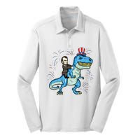 Abe Lincoln Riding A Dinosaur Trex 4th Of July Silk Touch Performance Long Sleeve Polo