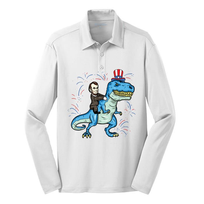 Abe Lincoln Riding A Dinosaur Trex 4th Of July Silk Touch Performance Long Sleeve Polo