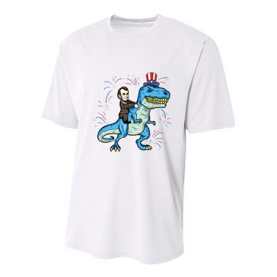 Abe Lincoln Riding A Dinosaur Trex 4th Of July Youth Performance Sprint T-Shirt