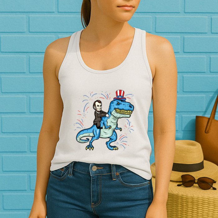 Abe Lincoln Riding A Dinosaur Trex 4th Of July Womens Tank Top