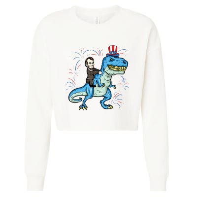 Abe Lincoln Riding A Dinosaur Trex 4th Of July Cropped Pullover Crew