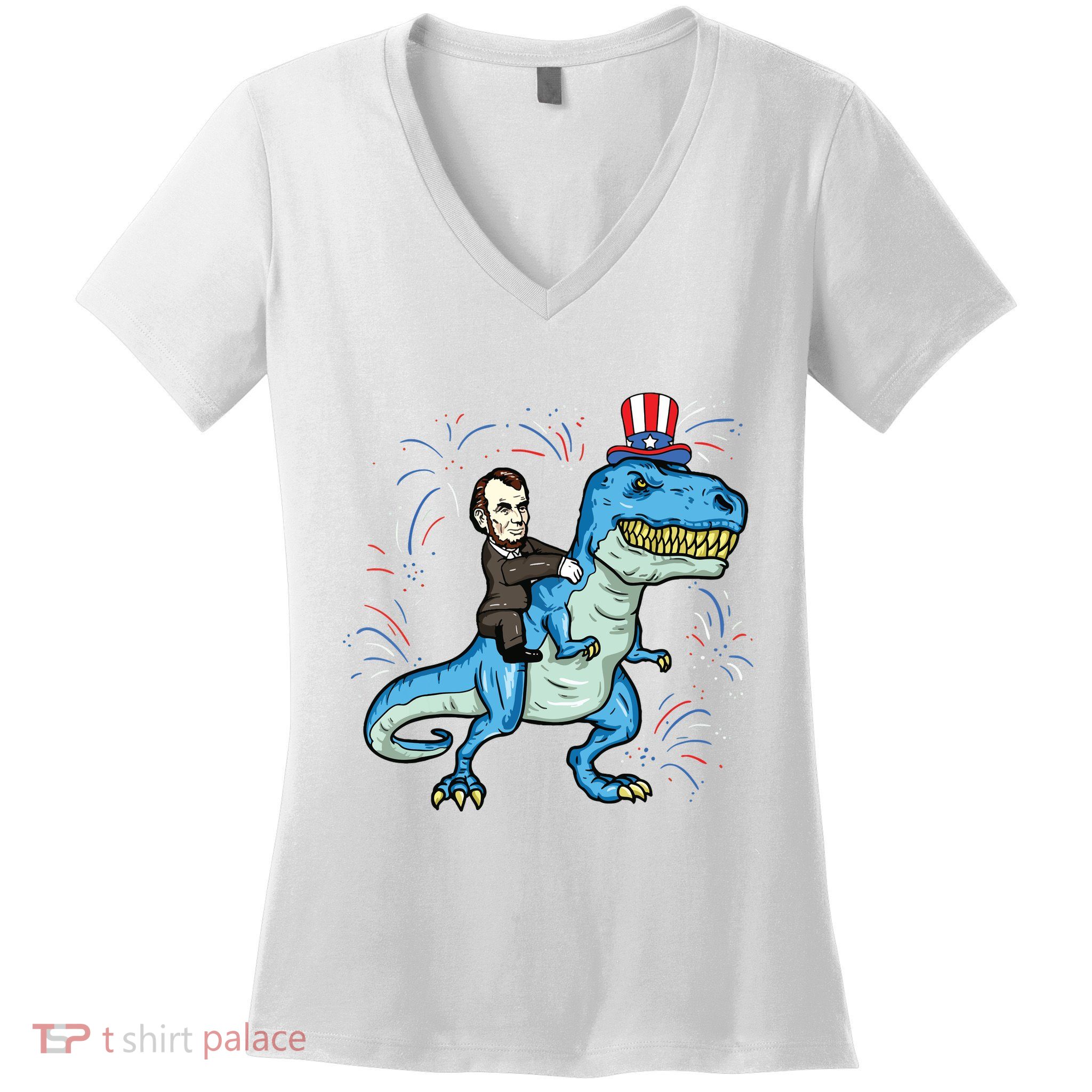 Abe Lincoln Riding A Dinosaur Trex 4th Of July Women's V-Neck T-Shirt