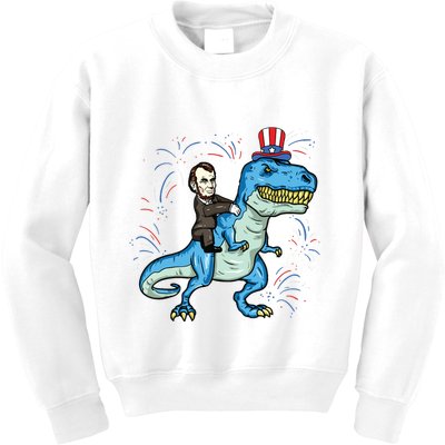 Abe Lincoln Riding A Dinosaur Trex 4th Of July Kids Sweatshirt