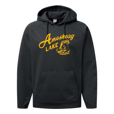 Amoskeag Lake Retro Fishing Funny Fishermans Performance Fleece Hoodie