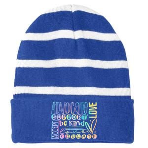 Advocate Love Support Accept Be Kind Autism Awareness Gift Striped Beanie with Solid Band