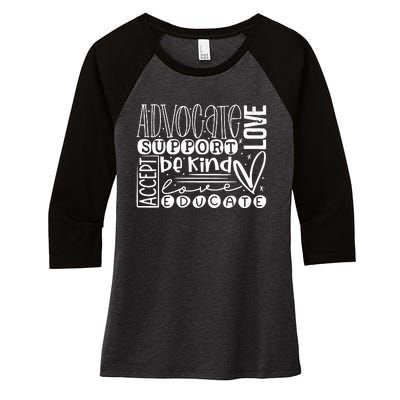 Advocate Love Support Accept Be Kind Autism Awareness Women's Tri-Blend 3/4-Sleeve Raglan Shirt