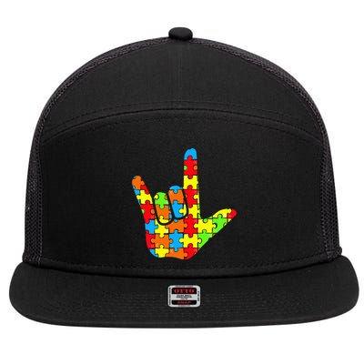 ASL Love Sign Language Autism Gift Awareness Support 7 Panel Mesh Trucker Snapback Hat