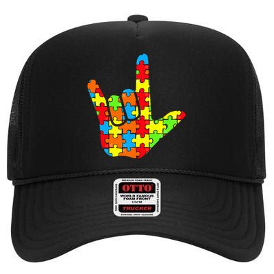 ASL Love Sign Language Autism Gift Awareness Support High Crown Mesh Back Trucker Hat