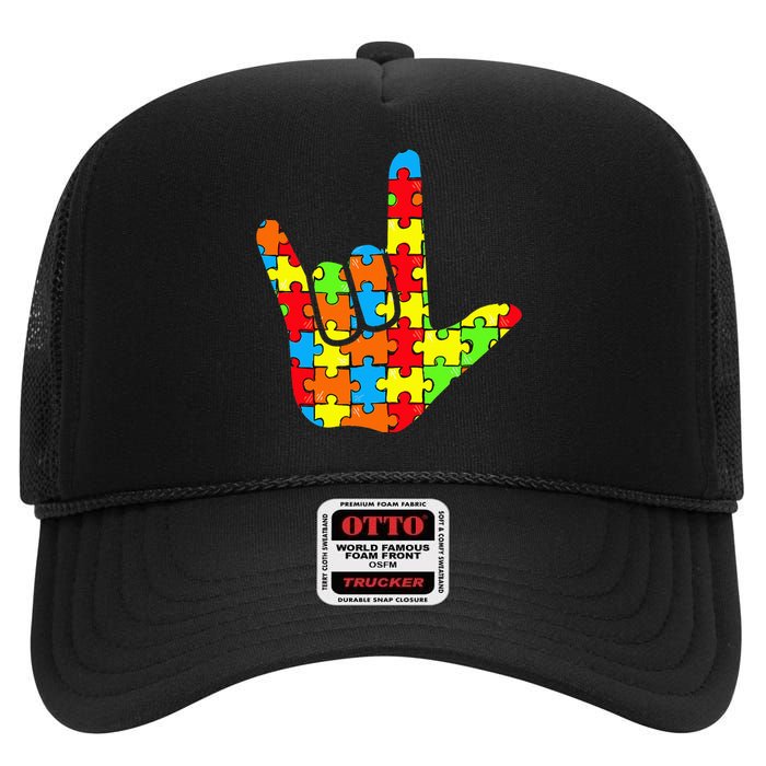 ASL Love Sign Language Autism Gift Awareness Support High Crown Mesh Back Trucker Hat