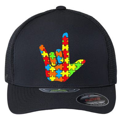 ASL Love Sign Language Autism Gift Awareness Support Flexfit Unipanel Trucker Cap