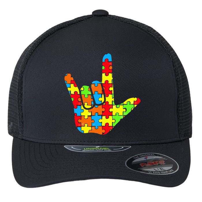 ASL Love Sign Language Autism Gift Awareness Support Flexfit Unipanel Trucker Cap