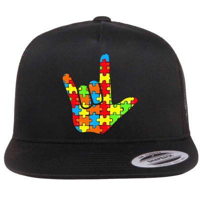 ASL Love Sign Language Autism Gift Awareness Support Flat Bill Trucker Hat