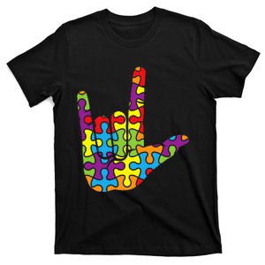 ASL Love Sign Language Autistic Puzzle Autism Awareness T-Shirt