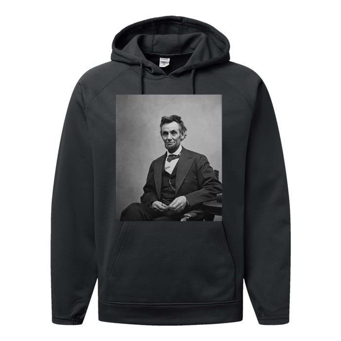 Abraham Lincoln Seated And Holding His Spectacles And A Pencil On Feb 1865 Performance Fleece Hoodie