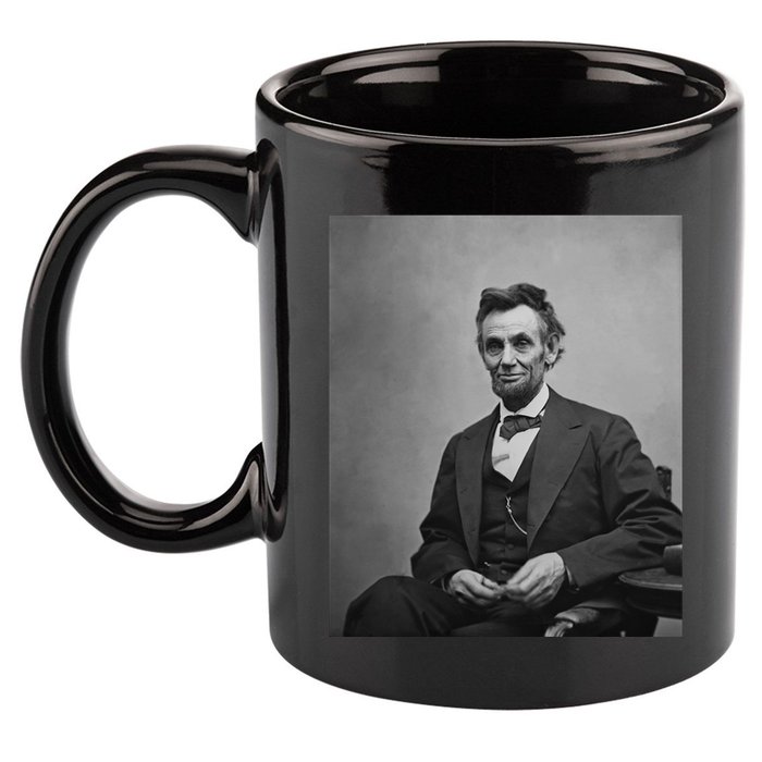 Abraham Lincoln Seated And Holding His Spectacles And A Pencil On Feb 1865 11oz C Handle Ceramic Mug