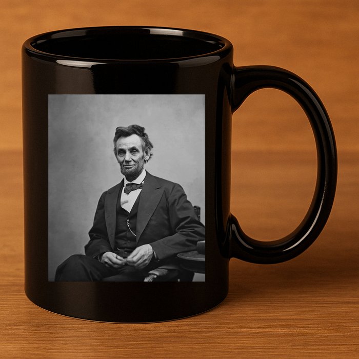 Abraham Lincoln Seated And Holding His Spectacles And A Pencil On Feb 1865 11oz C Handle Ceramic Mug