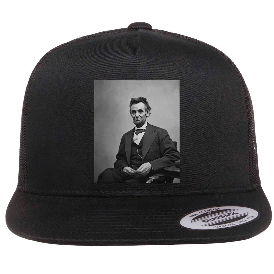 Abraham Lincoln Seated And Holding His Spectacles And A Pencil On Feb 1865 Flat Bill Trucker Hat