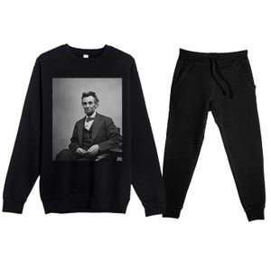 Abraham Lincoln Seated And Holding His Spectacles And A Pencil On Feb 1865 Premium Crewneck Sweatsuit Set