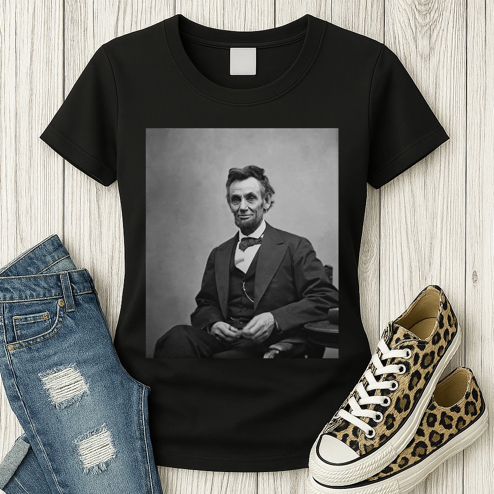 Abraham Lincoln Seated And Holding His Spectacles And A Pencil On Feb 1865 Womens T-Shirt