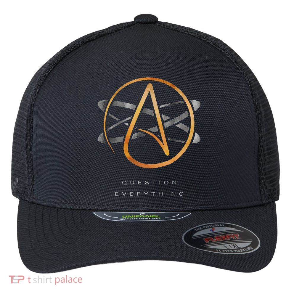 Atheist Logo Science Atom Symbol Question Everything Flexfit Unipanel Trucker Cap