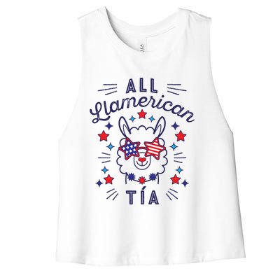 All Llamerican Tia July 4th Flag Auntie Aunt Patriotic Llama Gift Women's Racerback Cropped Tank