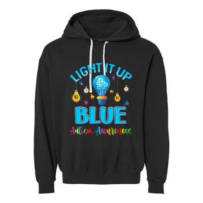 April Light Up Blue Autism Awareness Puzzle For Mom Dad Garment-Dyed Fleece Hoodie