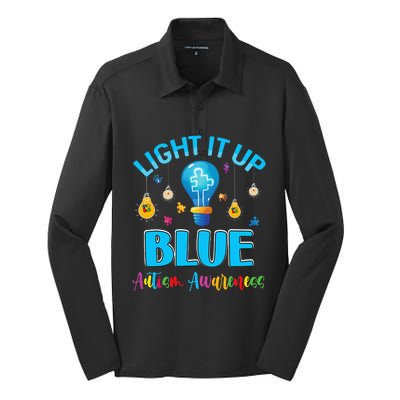 April Light Up Blue Autism Awareness Puzzle For Mom Dad Silk Touch Performance Long Sleeve Polo