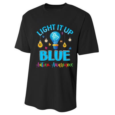 April Light Up Blue Autism Awareness Puzzle For Mom Dad Performance Sprint T-Shirt