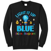 April Light Up Blue Autism Awareness Puzzle For Mom Dad Tall Sweatshirt