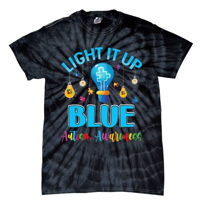 April Light Up Blue Autism Awareness Puzzle For Mom Dad Tie-Dye T-Shirt