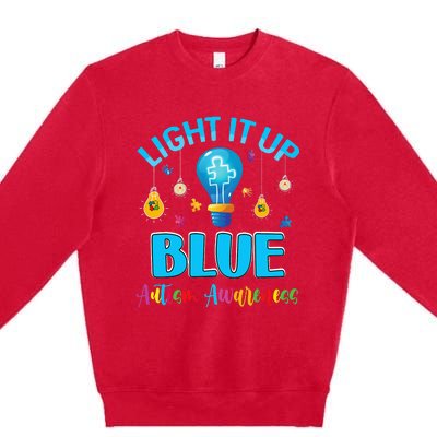 April Light Up Blue Autism Awareness Puzzle For Mom Dad Premium Crewneck Sweatshirt