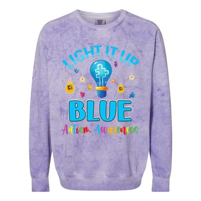 April Light Up Blue Autism Awareness Puzzle For Mom Dad Colorblast Crewneck Sweatshirt