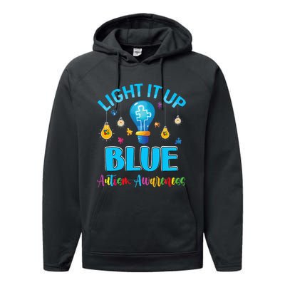 April Light Up Blue Autism Awareness Puzzle For Mom Dad Performance Fleece Hoodie