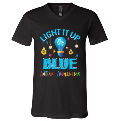 April Light Up Blue Autism Awareness Puzzle For Mom Dad V-Neck T-Shirt