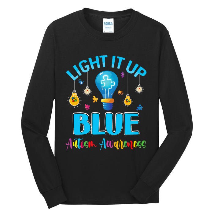 April Light Up Blue Autism Awareness Puzzle For Mom Dad Tall Long Sleeve T-Shirt