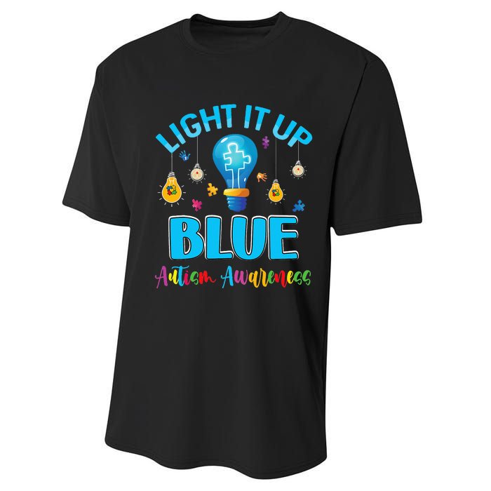 April Light Up Blue Autism Awareness Puzzle For Mom Dad Performance Sprint T-Shirt