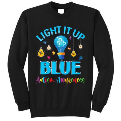 April Light Up Blue Autism Awareness Puzzle For Mom Dad Tall Sweatshirt