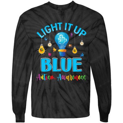 April Light Up Blue Autism Awareness Puzzle For Mom Dad Tie-Dye Long Sleeve Shirt