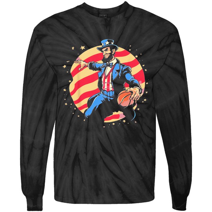 Abraham Lincoln USA Fourth 4th of July Funny Basketball Tie-Dye Long Sleeve Shirt